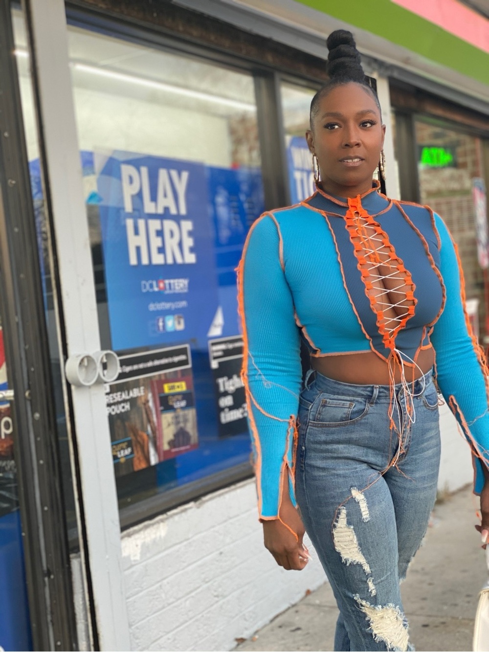 Patchwork Lace-Up Crop Top in Blue and Teal with Orange Trim - Picture 6 of 6